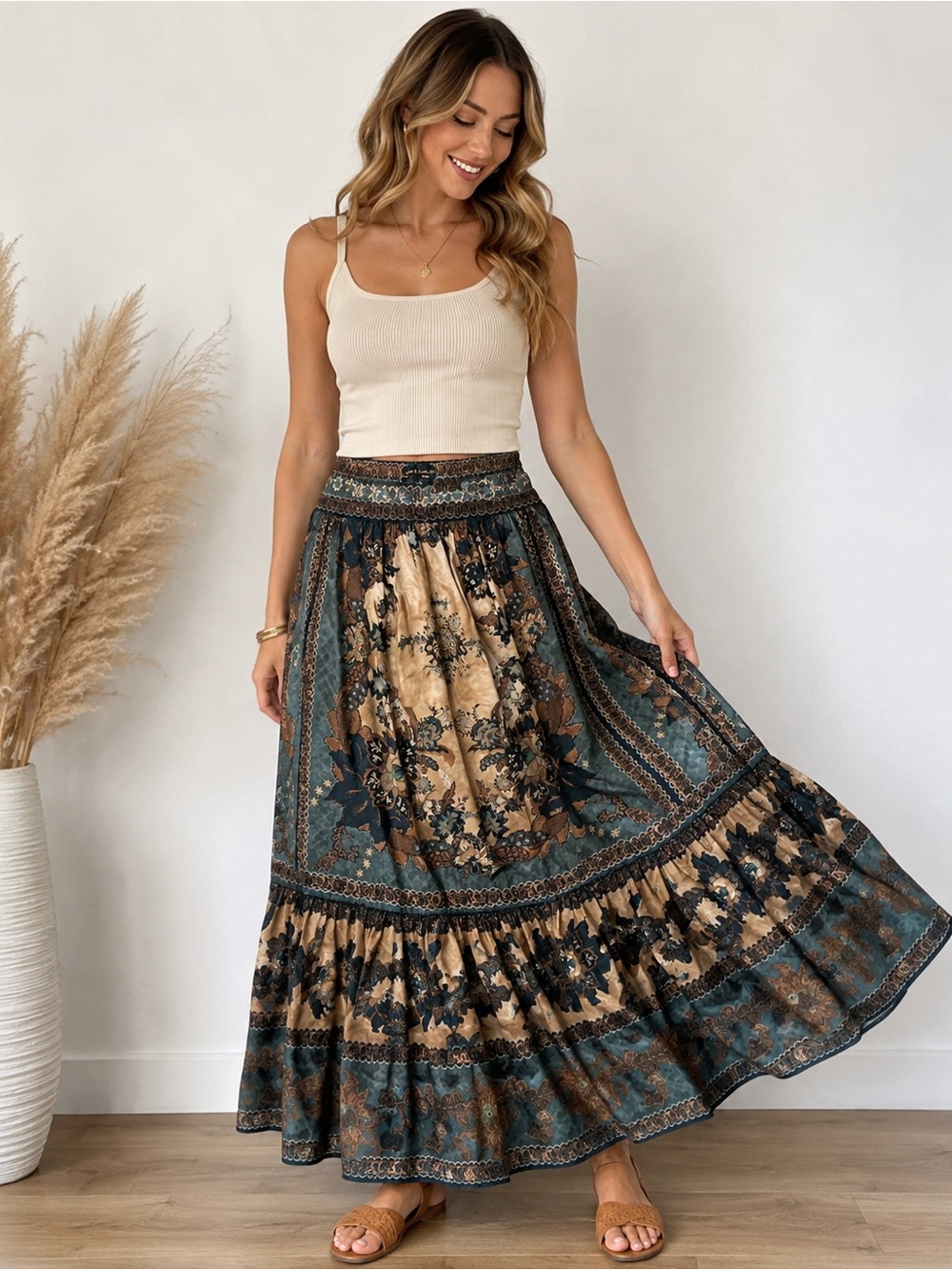NWT 🖤 House of Harlow 1960🖤 Tiered Boho floral maxi skirt beige brown navy M